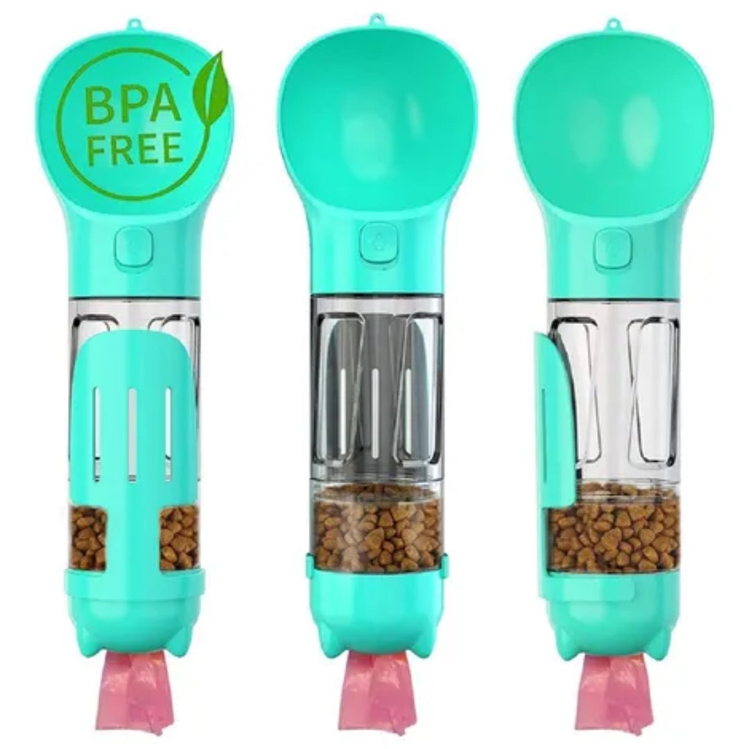 Botella Multifuncional 3 en 1 para Mascotas – Agua, Comida y Bolsas